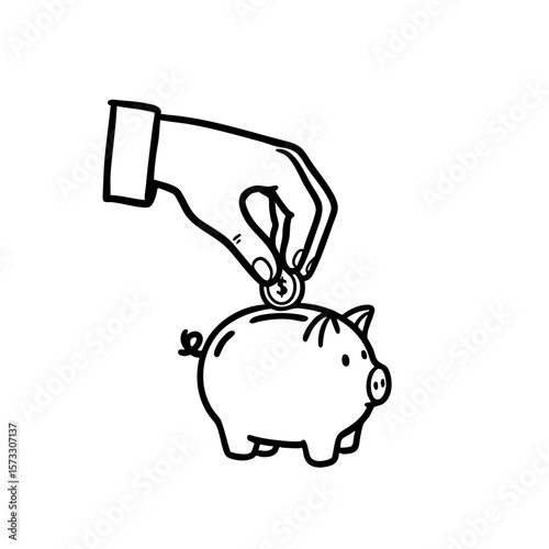 Hand putting coin into piggy bank in black and white sketch style  