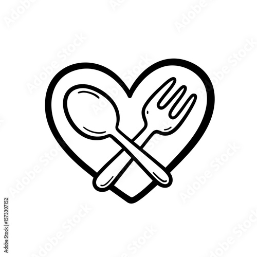 Heart-shaped design with fork and spoon in black and white  