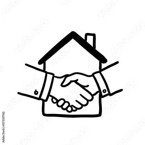 House with handshake illustration in black and white sketch style  