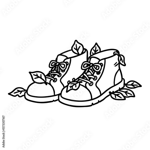 Leaves on shoes in a black and white sketch style  