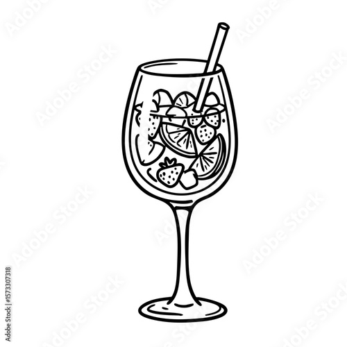 Doodle of a glass of sangria with fruit and straw in black and white  