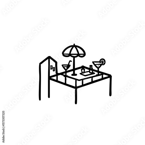 Rooftop bar with drinks and umbrella in doodle style  