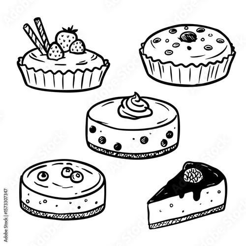Black and white sketch of assorted cheesecakes and tarts  