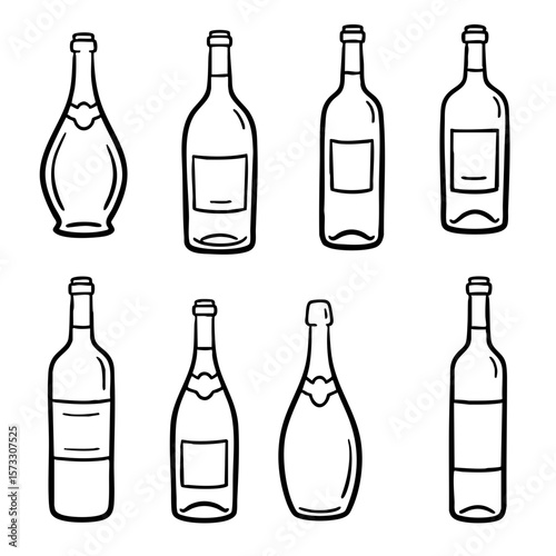 Doodle of various wine and champagne bottles in black and white  