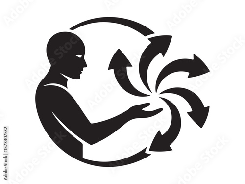 Silhouette of a person with arrows flowing around them in a circular motion