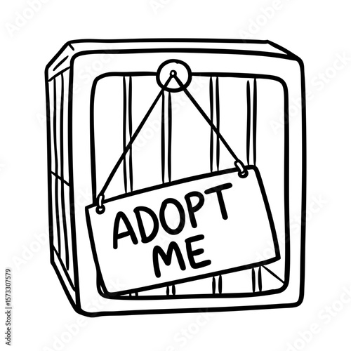 Doodle of a shelter cage with sign saying 'Adopt Me'  
