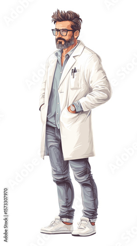 Male doctor in white coat with glasses standing confidently  