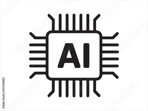 Black ai chip icon with many pins on a white background