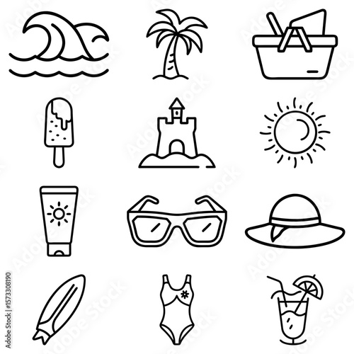 Collection of summer themed outline icons including beach items and vacation elements in black and white