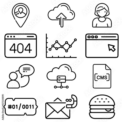 Collection of diverse line icons featuring web, communication, and food related symbols in black and white