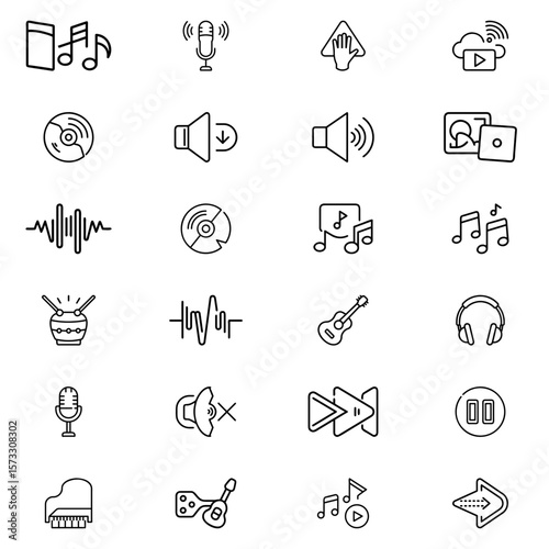 Collection of music related icons including instruments, audio controls and sound wave representations