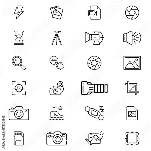 Collection of photography related icons including camera, lens, flash, tripod, and editing tools icons