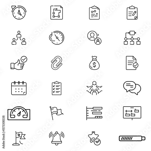 Collection of business management icons showing time management planning and project development elements