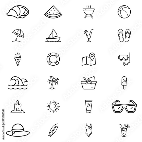 Illustration displaying various summer themed icons including beach, food, and recreational elements