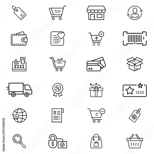 Collection of shopping and e commerce icons including cart store gift and payment methods in black outline
