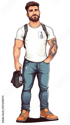 Young man standing confidently with backpack and holding bag  