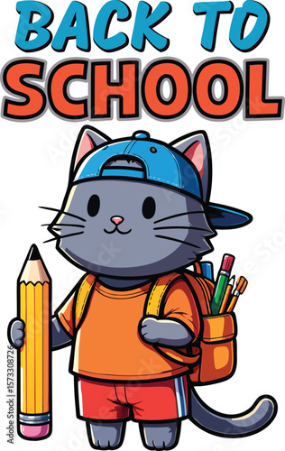 Back to School kindergarten T-Shirt Design, Cute cartoon Cat wearing a backpack and holding a pencil ready for school, Vector Illustration