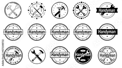 "Grid of nine vintage black and white handyman logos, each featuring stylized tools like hammers, screwdrivers, and wrenches, with retro circular frames and bold 'Handyman' text in the center, set aga