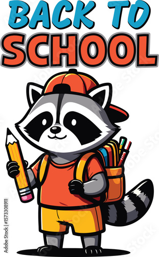 Back to School kindergarten T-Shirt Design, Cute cartoon raccoon wearing a backpack and holding a pencil ready for school, Vector Illustration