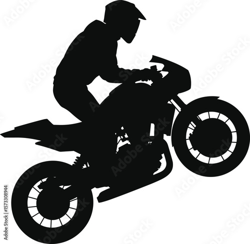 Dynamic Silhouette of Motorcyclist Performing Wheelie, Stunt Rider on Sport Bike, Extreme Sport, Adrenaline and Thrill Vector Illustration