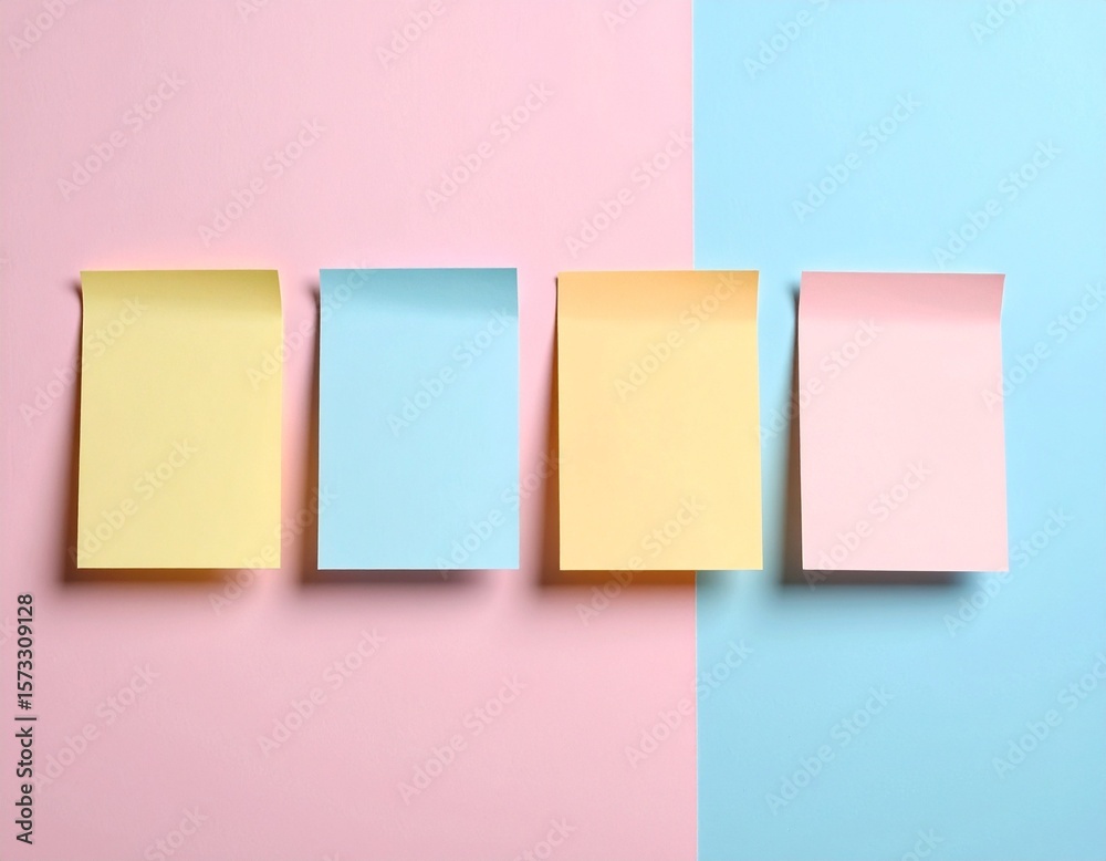 Fototapeta premium Four Colorful Blank Sticky Notes on Pastel Background