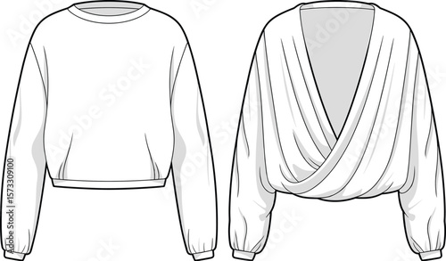 Casual comfortable women's sweatshirt designs: classic crewneck and stylish draped front, versatile apparel, athleisure wear, CAD drawing flat vector illustration, design resource.