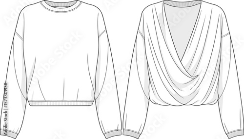 Two different women's sweatshirt designs: classic crewneck and stylish draped front, casual comfortable fashion, versatile apparel, CAD drawing flat vector illustration, design resource.