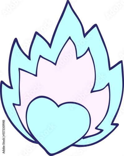 cartoon doodle flaming heart in bright neon color
