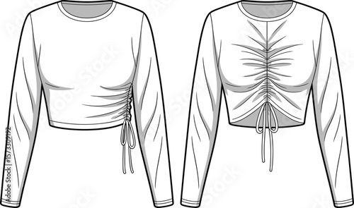Fashionable cropped long sleeve tops with stylish side ruched and front drawstring details, trendy casual wear, CAD drawing flat vector illustration, design resource.