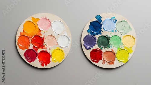 Circular paint palettes with vibrant and mixed colors for artistic creation and design.