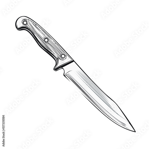 Detailed line drawing of a hunting knife, isolated long blade, sharp edge for survival