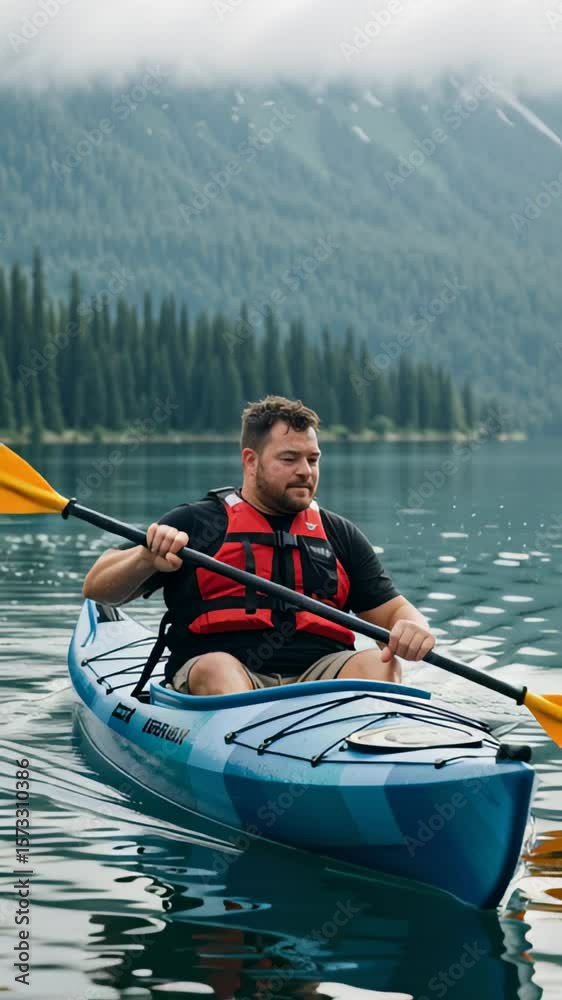 Adventurous Plus Size Man Kayaking on a Beautiful Mountain Lake in Nature Adventurous Plus Size Man Kayaking on a Beautiful Mountain Lake in Nature