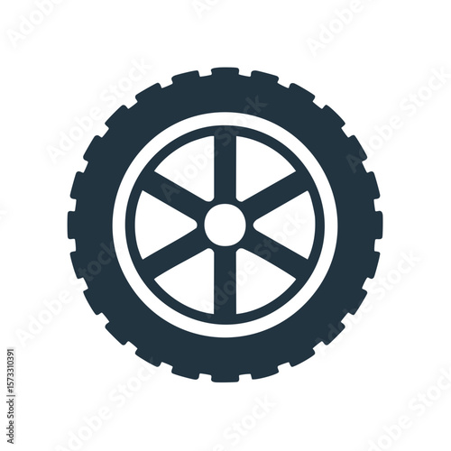Isolated silhouette of a car tire with tread and hub for automotive service or transportation industry concept