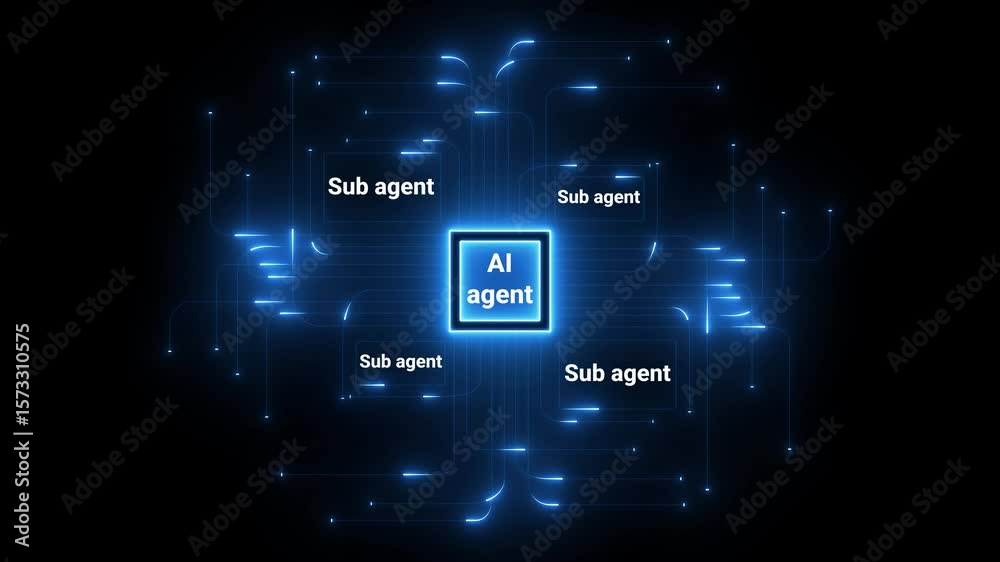 ai agent- businessman working with virtual reality at office. Glowing hexagon displays artificial intelligence agent text against a blue digital circuit backdrop. update ai sub agents system