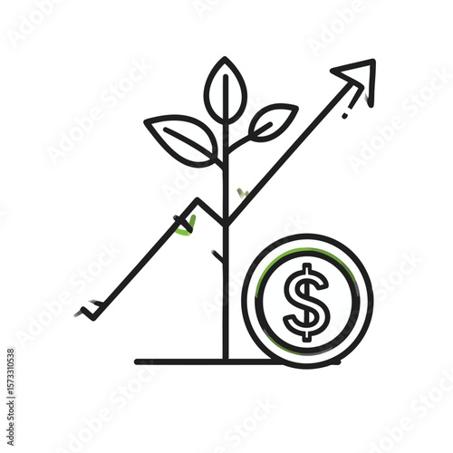 An icon showing a plant growing and an arrow going up next to a dollar coin