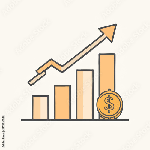 Bar graph with arrow pointing upwards next to a dollar coin on a horizontal base