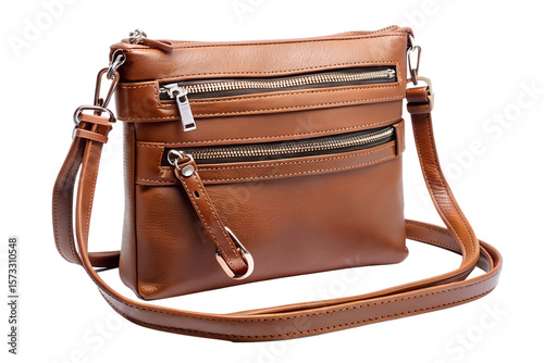 A brown leather handbag with zippers and straps is a stylish fashion accessory for women isolated on transparent background photo