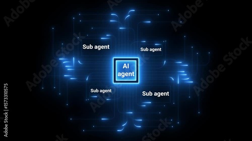 ai agent- businessman working with virtual reality at office. Glowing hexagon displays artificial intelligence agent text against a blue digital circuit backdrop. update ai sub agents system