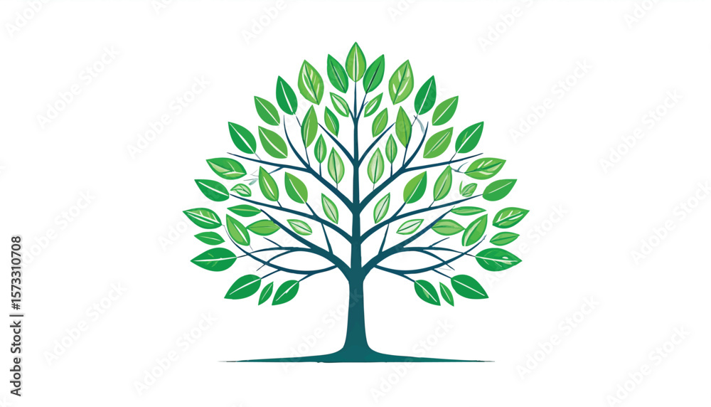 Fototapeta premium Stylized tree illustration green leaves on blue branches