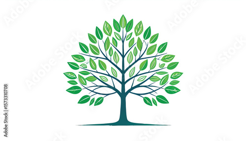 Stylized tree illustration green leaves on blue branches