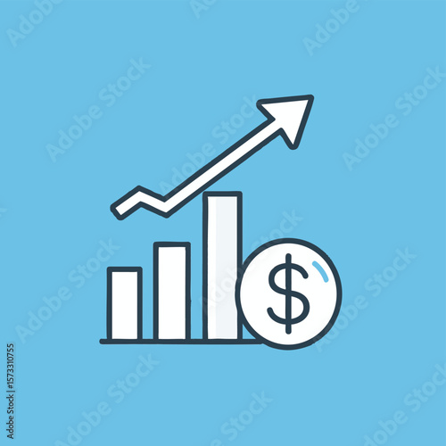 The image depicts a bar graph with an arrow trending upwards paired with a dollar symbol on a blue background