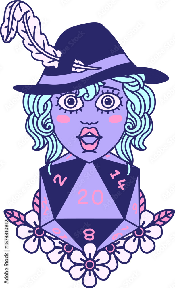 Φωτογραφία Retro Tattoo Style human bard with natural 20 dice roll in bright neon color