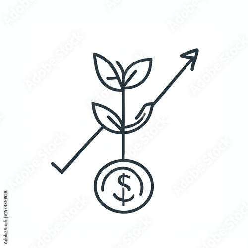 A plant sprouting from a coin with a dollar sign beside an upward arrow