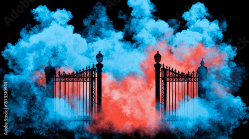 Mysterious Ornate Gate Silhouetted Against Swirling Blue and Fiery Red Mists, Ideal for Abstract Art or Album Cover