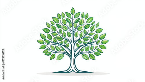 A stylized tree illustration with green leaves dark teal branches and a simple flat shadow