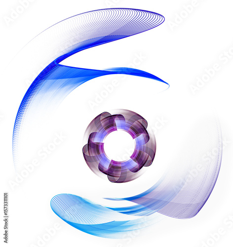 Abstract blue wavy blades border a flower-shaped propeller on a white background. Icon, logo, symbol, sign. 3D rendering. 3D illustration.