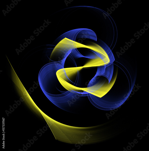 Abstract striped, wavy, arched and spiral blue and yellow planes intersect on a black background. Icon, logo, symbol, sign. 3D rendering. 3D illustration.