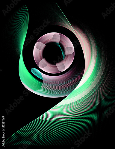 An abstract propeller, shaped like a flower, rotates inside a frame formed by two large wavy blades on a black background. Icon, logo, symbol, sign. 3D rendering. 3D illustration.
