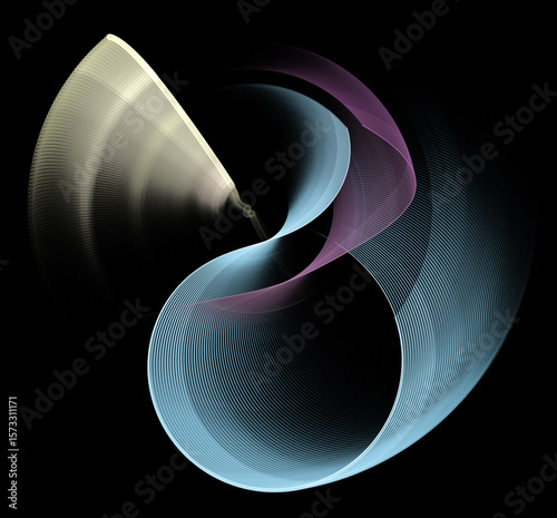 Abstract striped, wavy, beautifully curved planes in pastel shades layered and rotated on a black background. Icon, logo, symbol, sign. 3D rendering. 3D illustration.