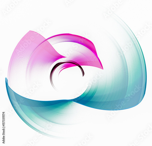 Abstract wavy turquoise and pink striped transparent blades rotate on a white background. Icon, logo, symbol, sign. 3D rendering. 3D illustration.